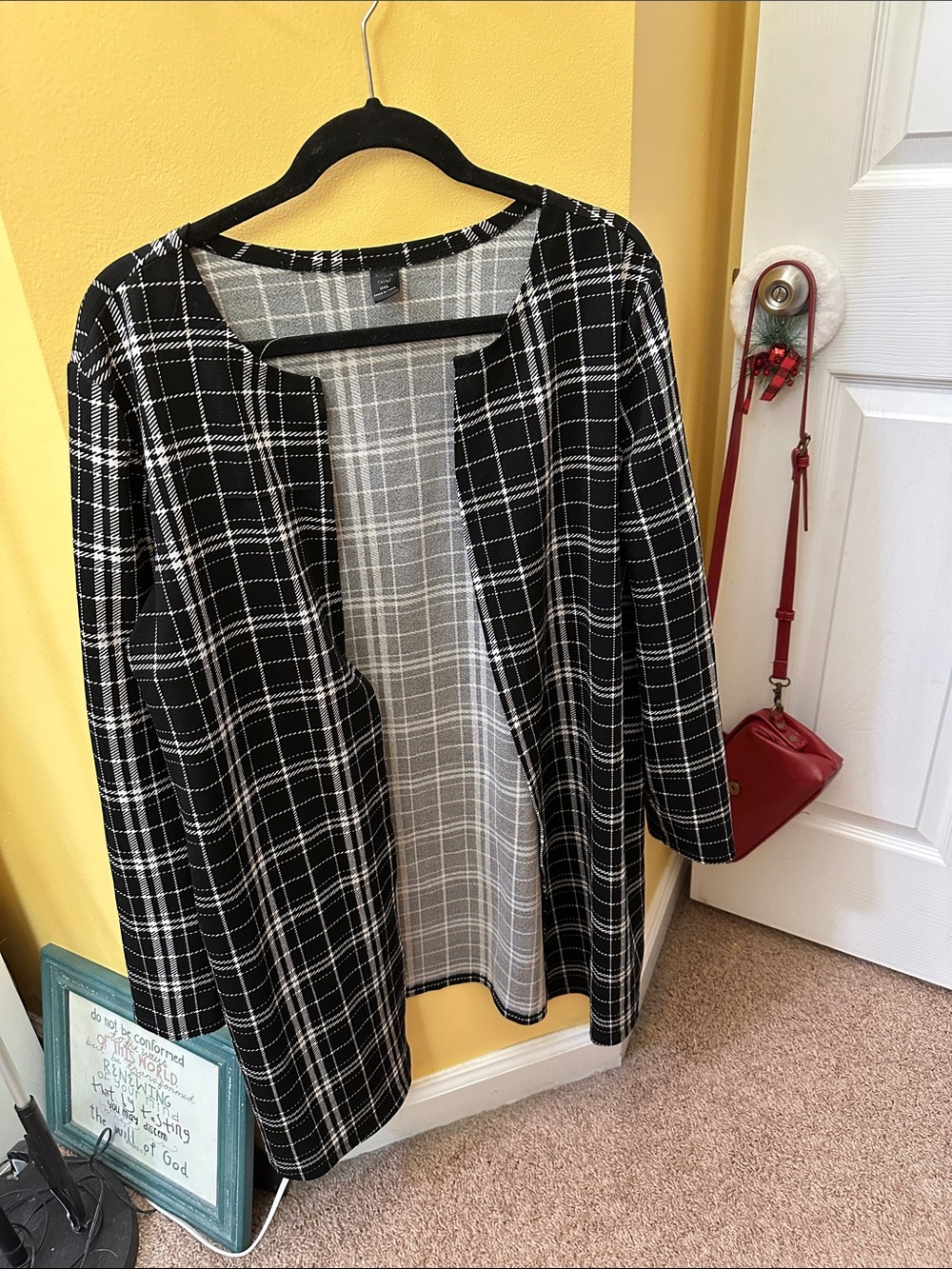Black and White Plaid Open Front Cardigan